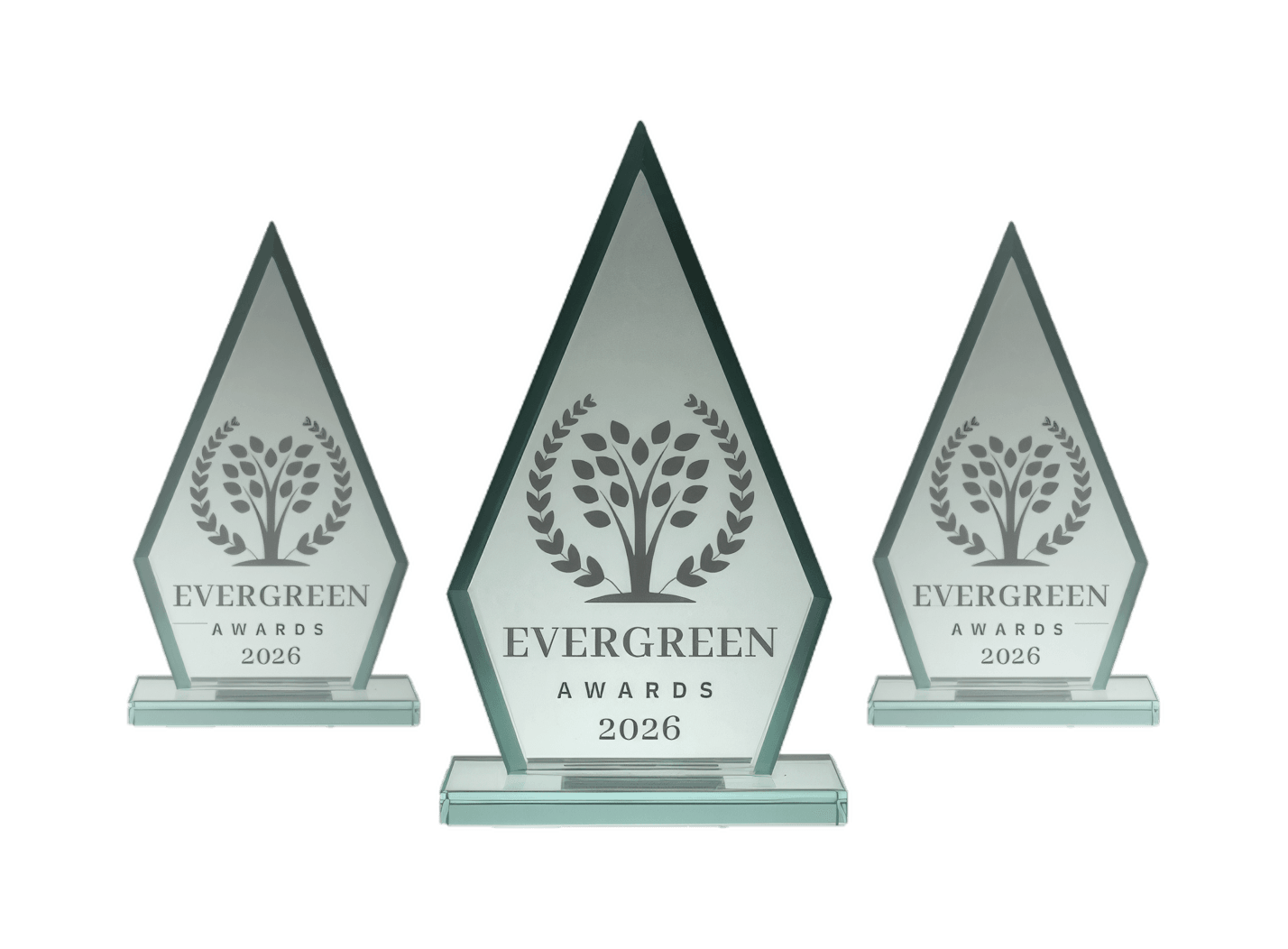 Three glass trophies for the Evergreen Awards 2026 with decorative tree design