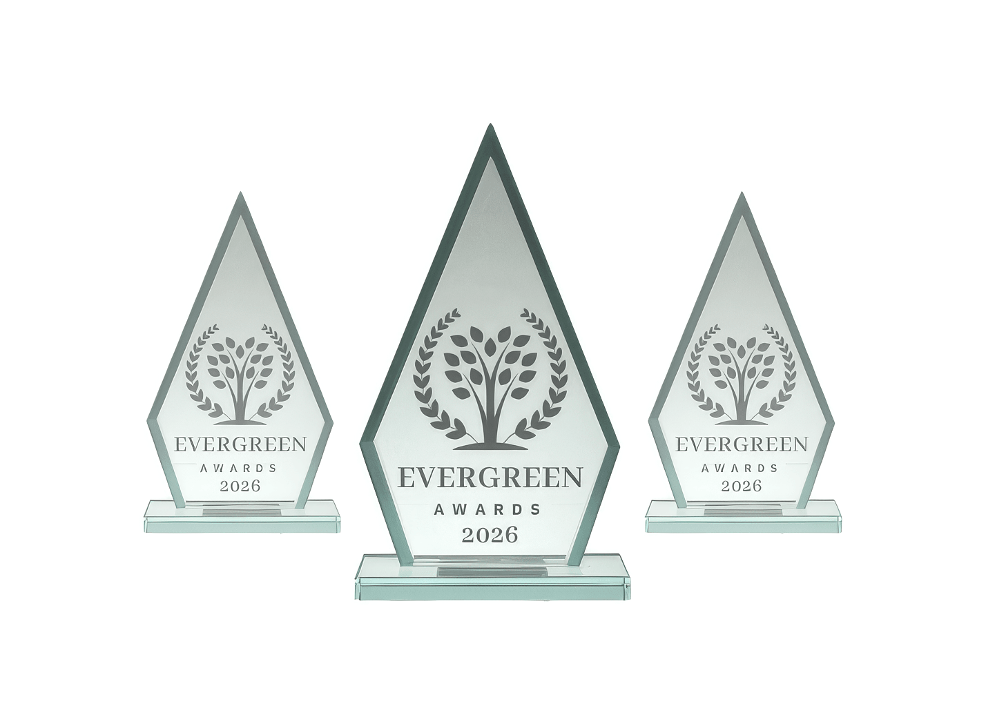 Three glass awards with "Evergreen Awards 2026" engraved on them