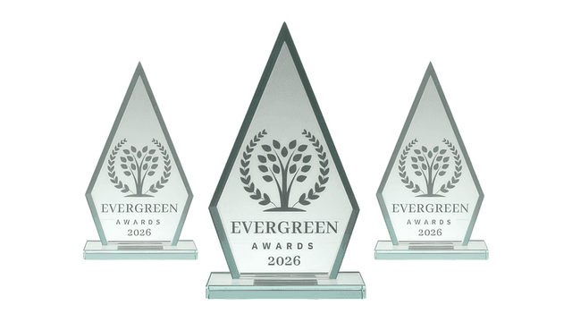 Three glass awards with the inscription "Evergreen Awards 2026" and a tree motif